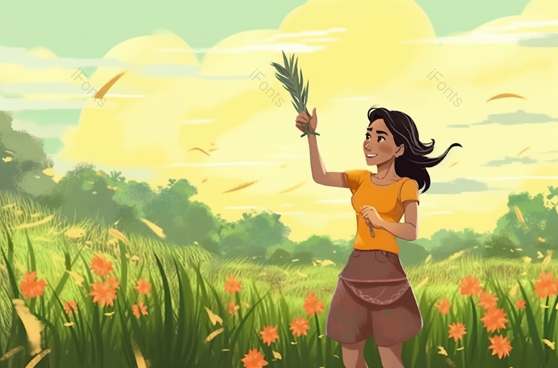手拿小草的长发女孩唯美插画背景,插画/手绘图,插画/手绘图库,插画/手绘图下载,插画/手绘